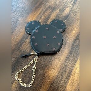 Limited Edition Coach x Disney Black Polka Dot Coin Purse with Gold Chain